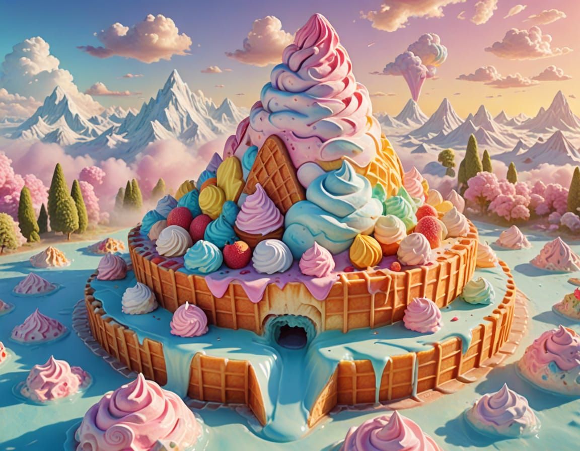 Ice Cream Island in Waffle Cone: Surreal Pastel Art