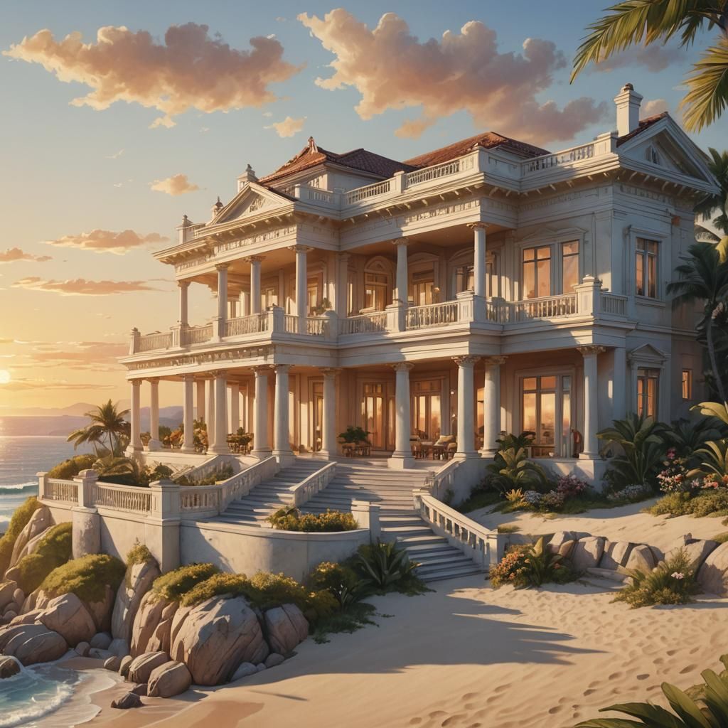Grand House Overlooking Ocean in Watercolor Style