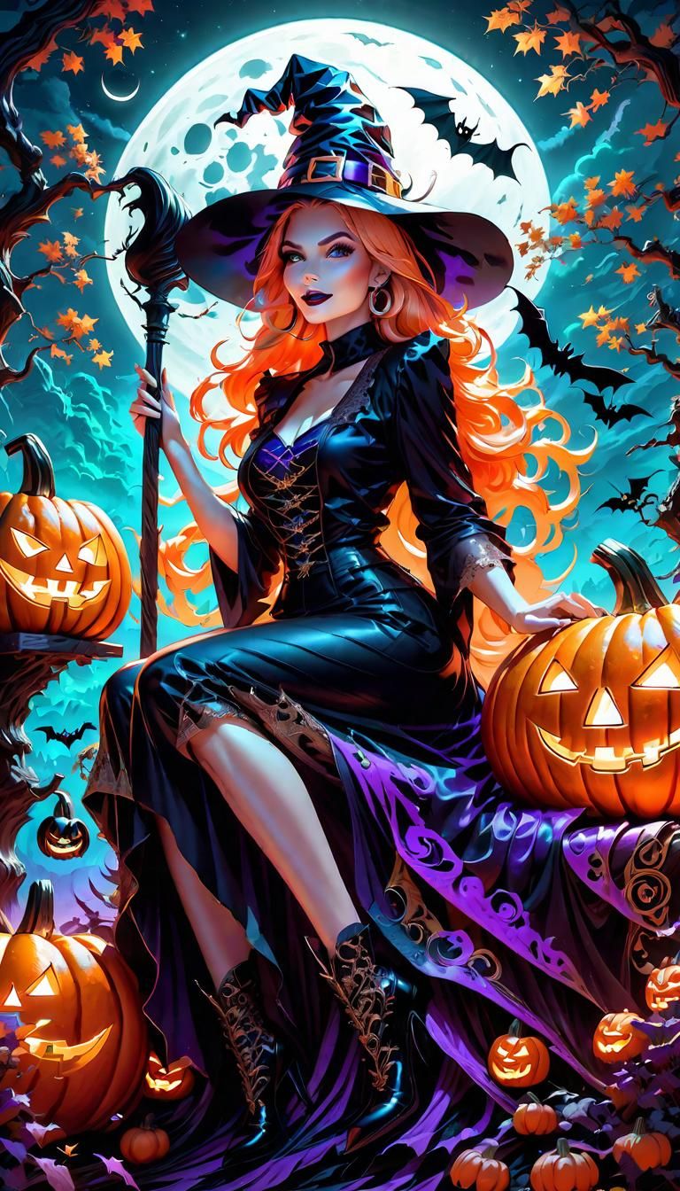 Halloween Witch on Jack-O'-Lantern in Marker Art Style