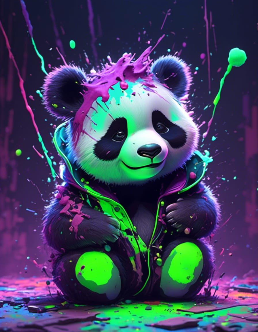 Cute Panda in Neon Lighting: Photorealistic Render