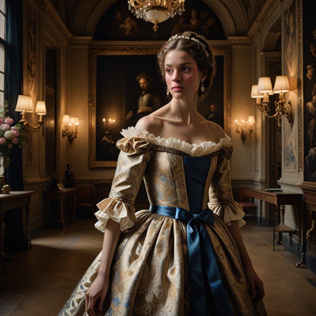 Elegant Young Woman in Baroque-Inspired Ball Gown