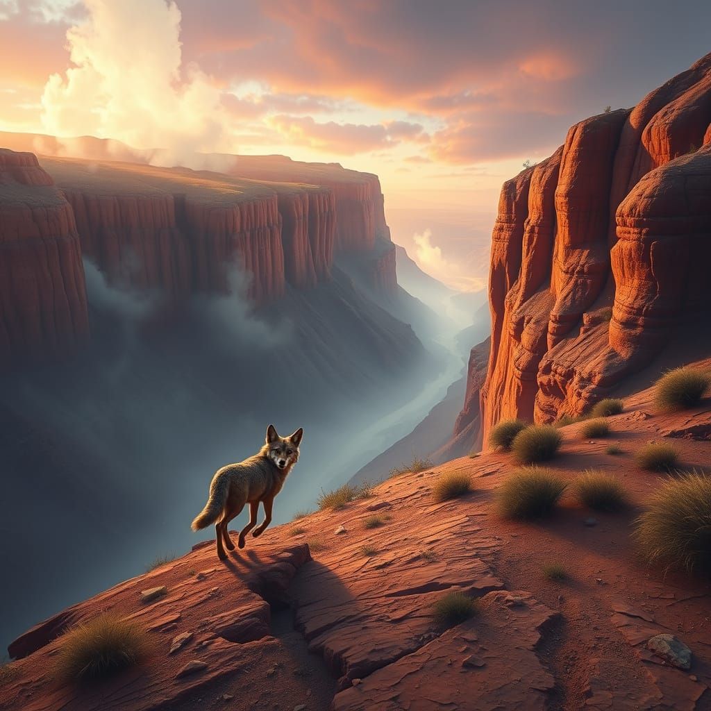 Coyotes Hunting Along Steaming Southwest Volcano Cliffs