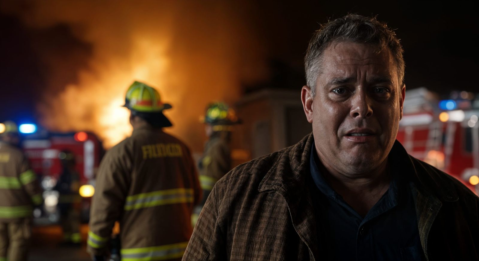 Distraught Man Before Burning House in Cinematic Style