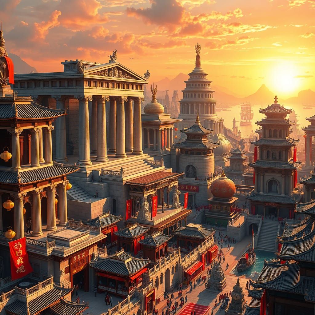 Ancient Greek and Asian Architecture Fusion Cityscape