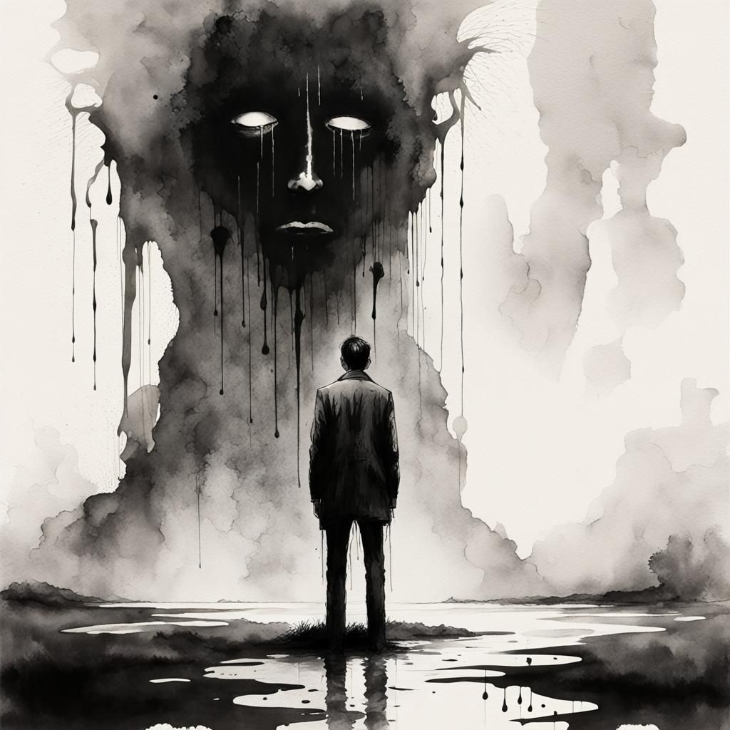Moody Black and White Horror Watercolour Illustration