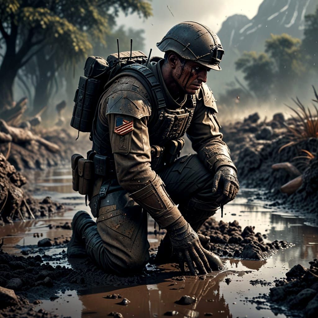 Grieving Soldier in Epic Digital Landscape