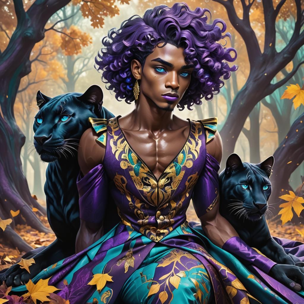 Autumnal Forest: Man and Panther in Fantasy Concept Art