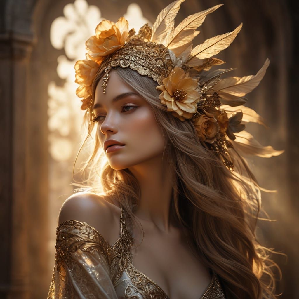 Ethereal Woman with Gold Floral Headdress in Fantasy Art Sty...