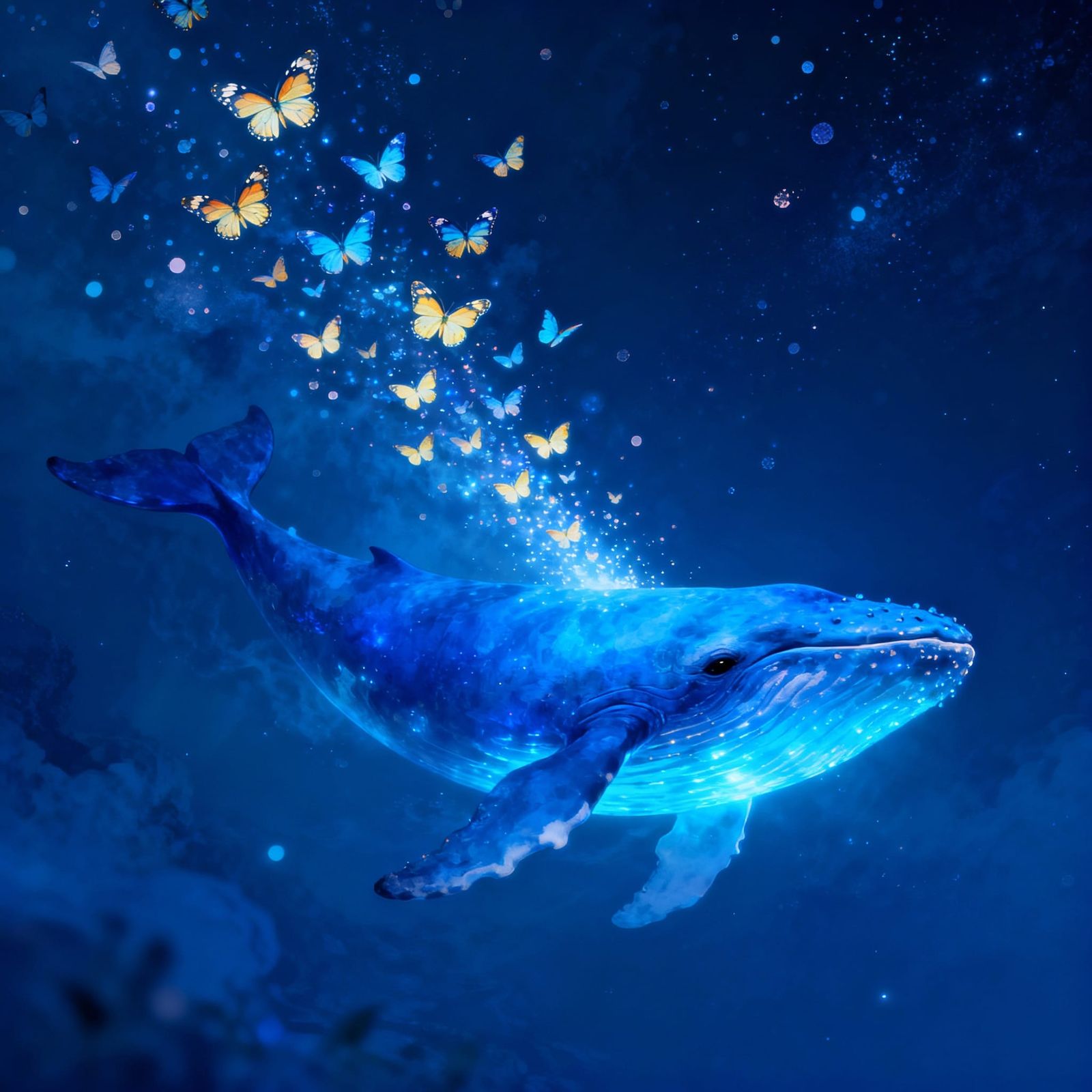 Surreal Blue Whale with Butterflies in Dreamlike Space