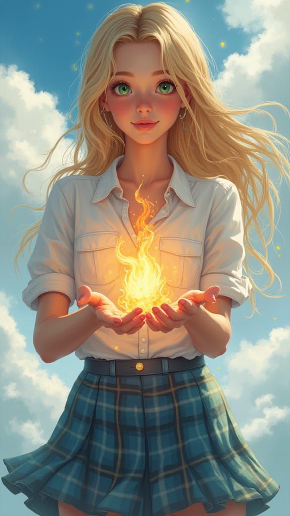 Pretty Lady Displays Fiery Hands Amidst Cloudy Sky