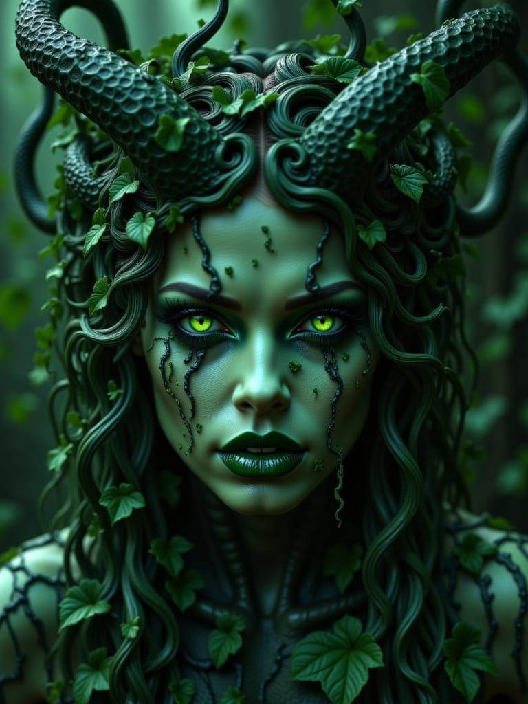 Gorgeous Demoness With Green Eyes and Horns in Contrasting C...