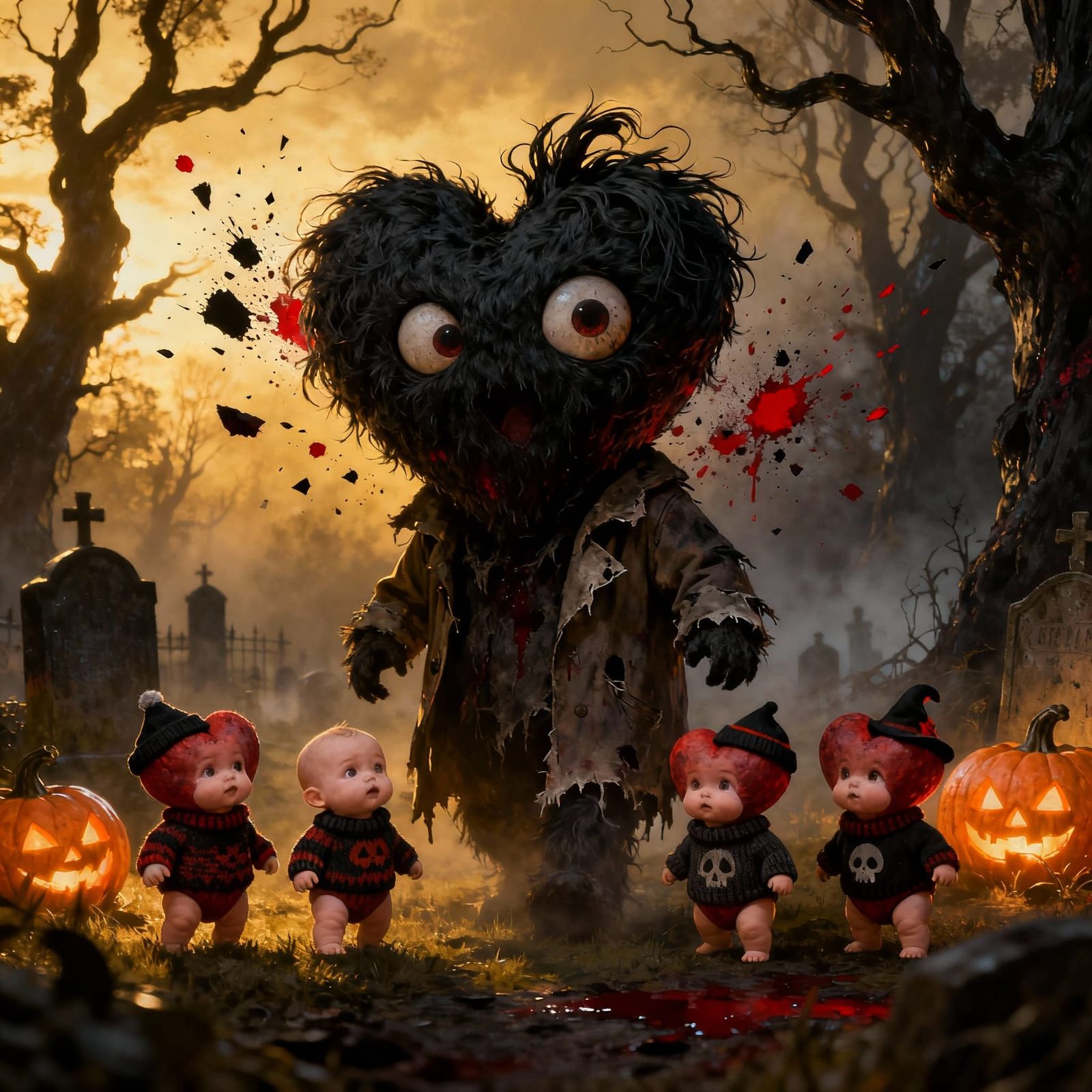 Fuzzy Heart Monster in Spooky Graveyard