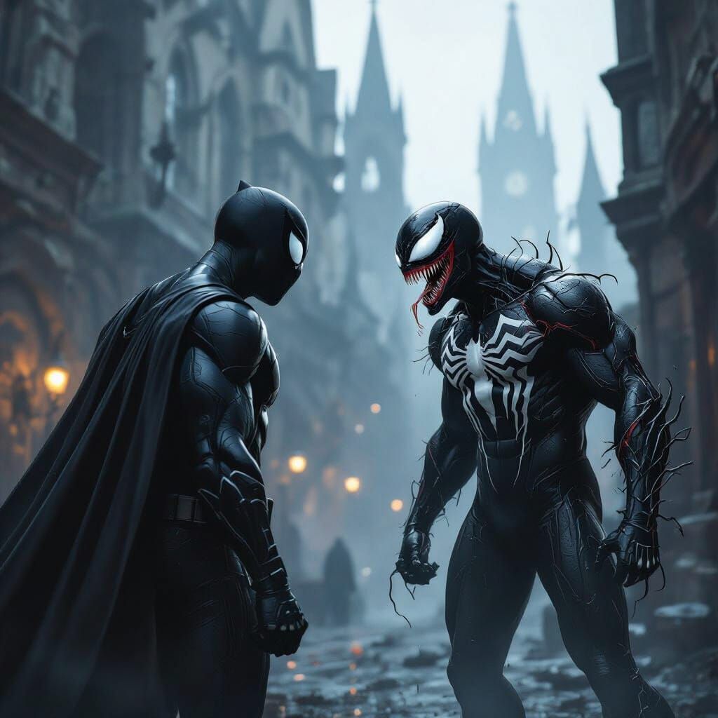 Spider-Man vs. Venom in Gothic Cityscape
