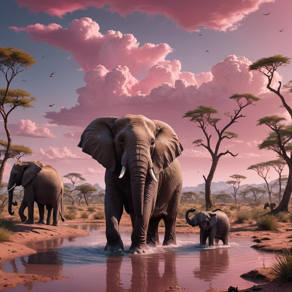 Elephant and Baby in Savanna: Matte Painting