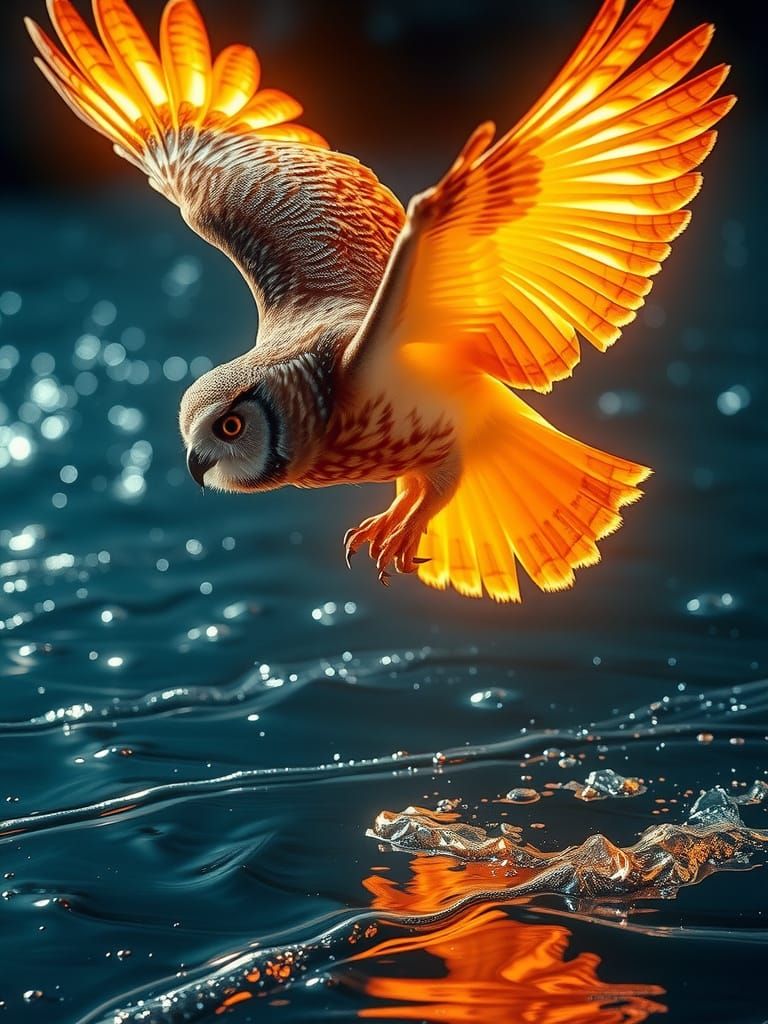 Luminous Owl Soars Over Shimmering Water in Digital Matte St...