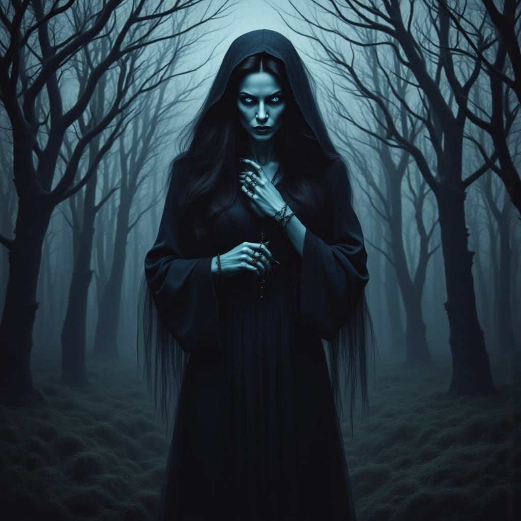 Mysterious Dark Witch Lurks in Foggy Forest Cottage