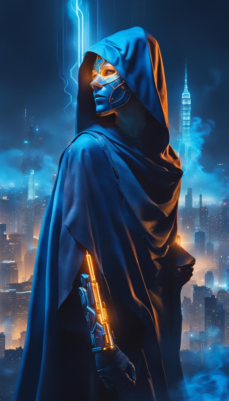 Cyberpunk Girl with Glowing Mask in Futuristic City