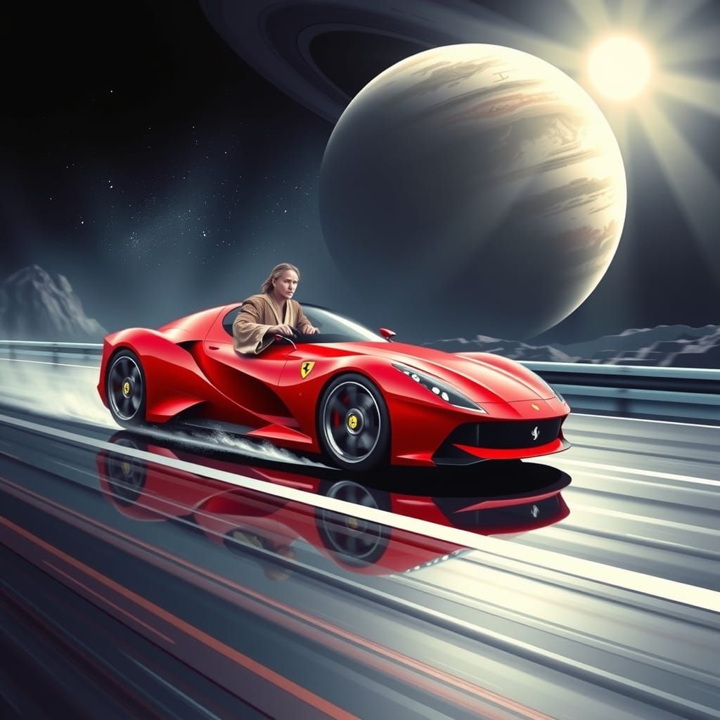 Obi-Wan in Futuristic Ferrari on Cosmic Highway