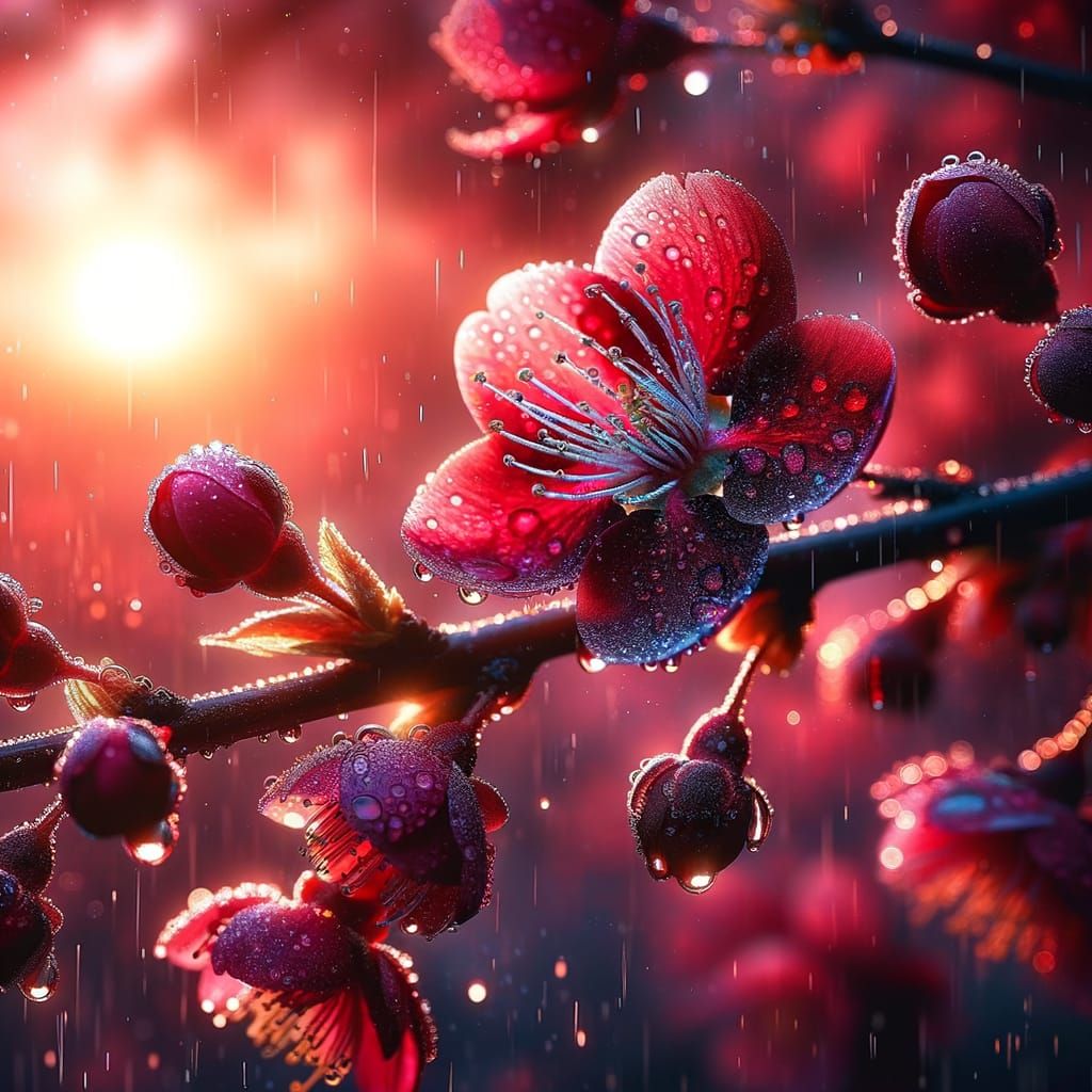 Crimson Cherry Blossom Branch in Rain: Digital Painting