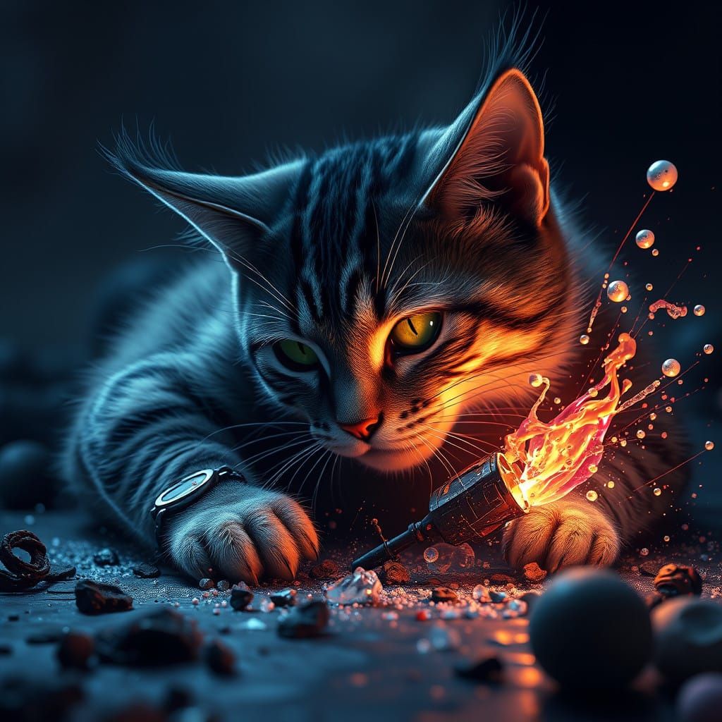 Fantastical Feline Catastrophe in Vibrant, Dreamlike Detail