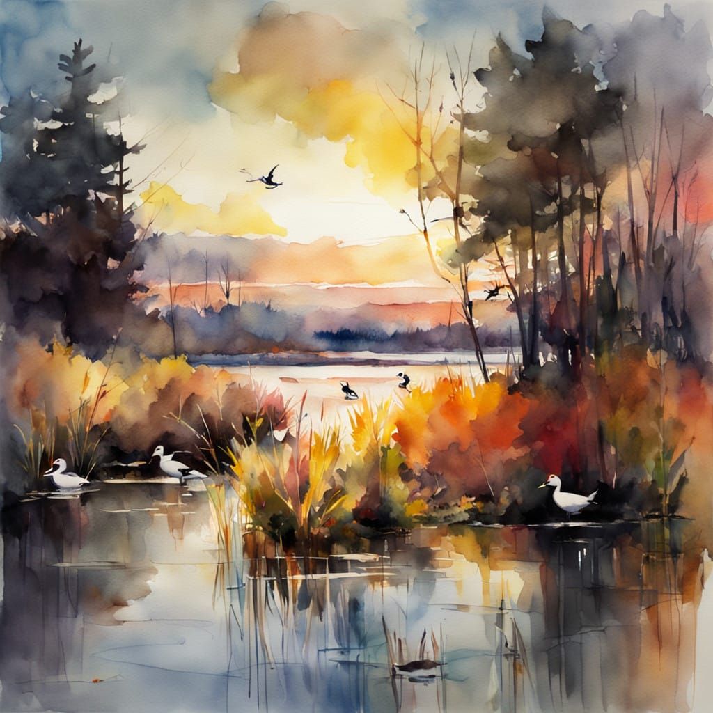 Wintering Ducks in Sunset Watercolor Double Exposure