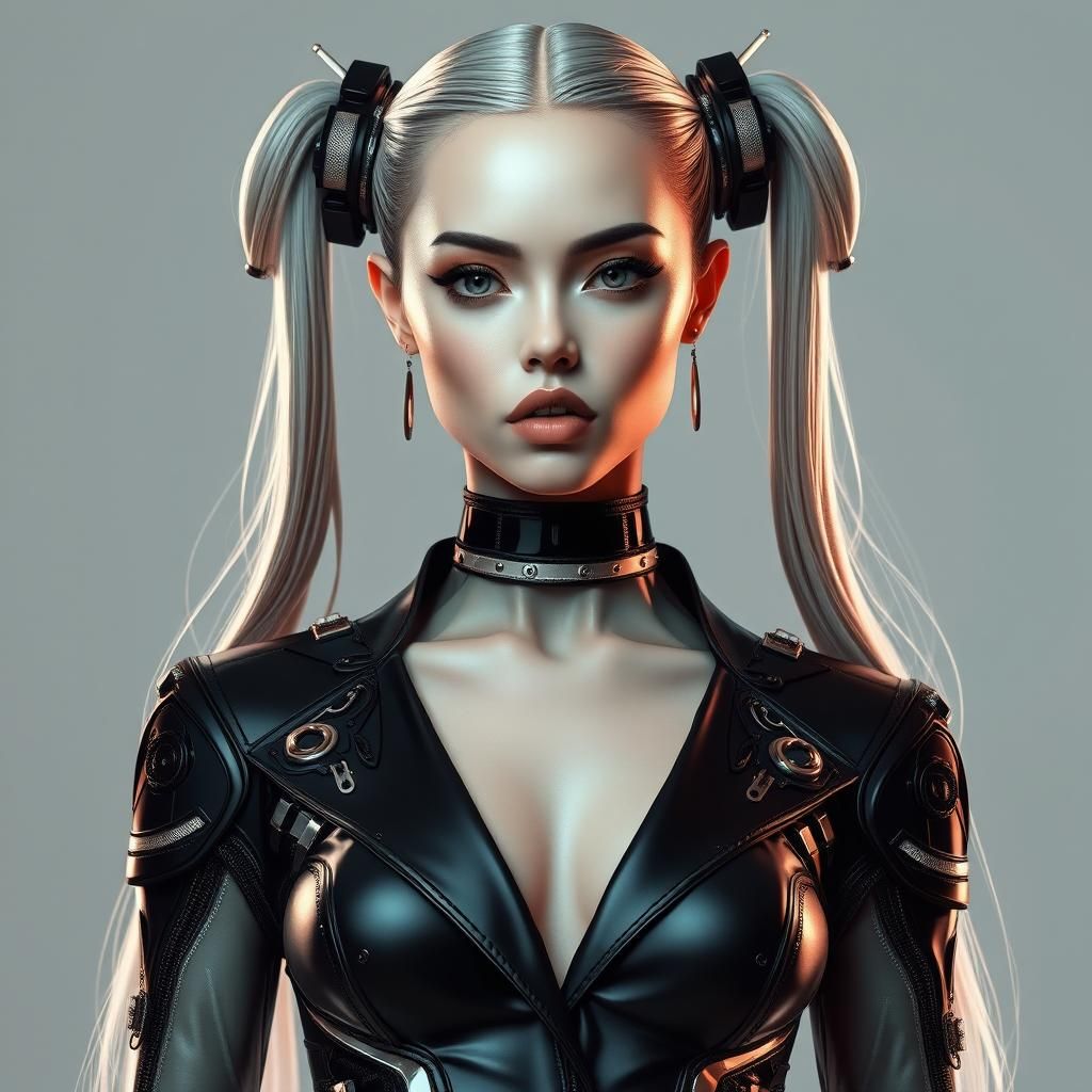 Cyberpunk Cyborg Fashion Model with Pigtails