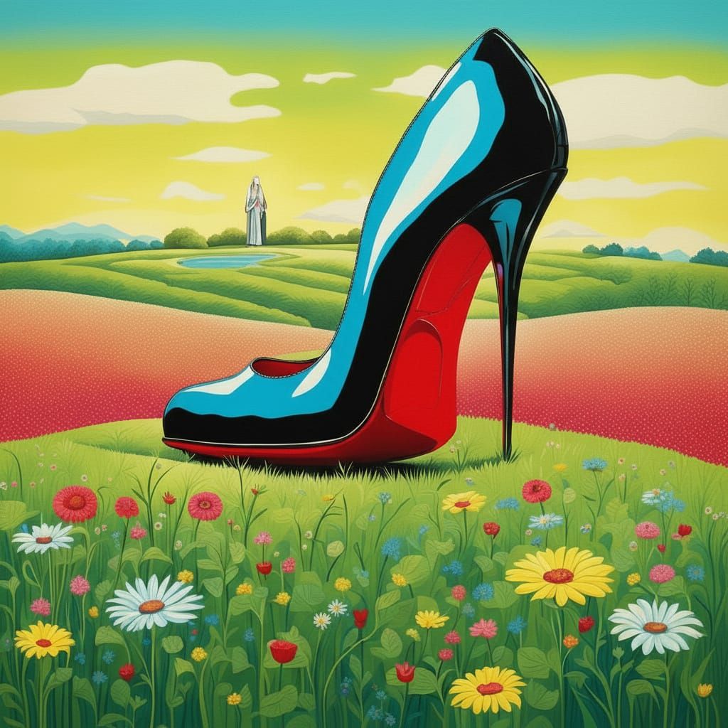 A giant Christian Louboutin high-heeled shoe in the middle of a meadow. surreal pop art