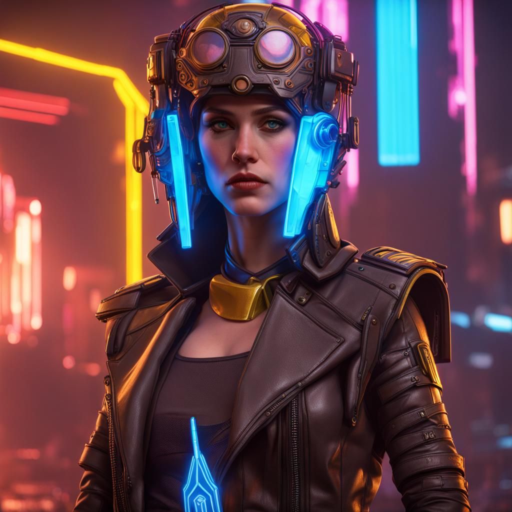 Athena in Cyberpunk Neon Cityscape