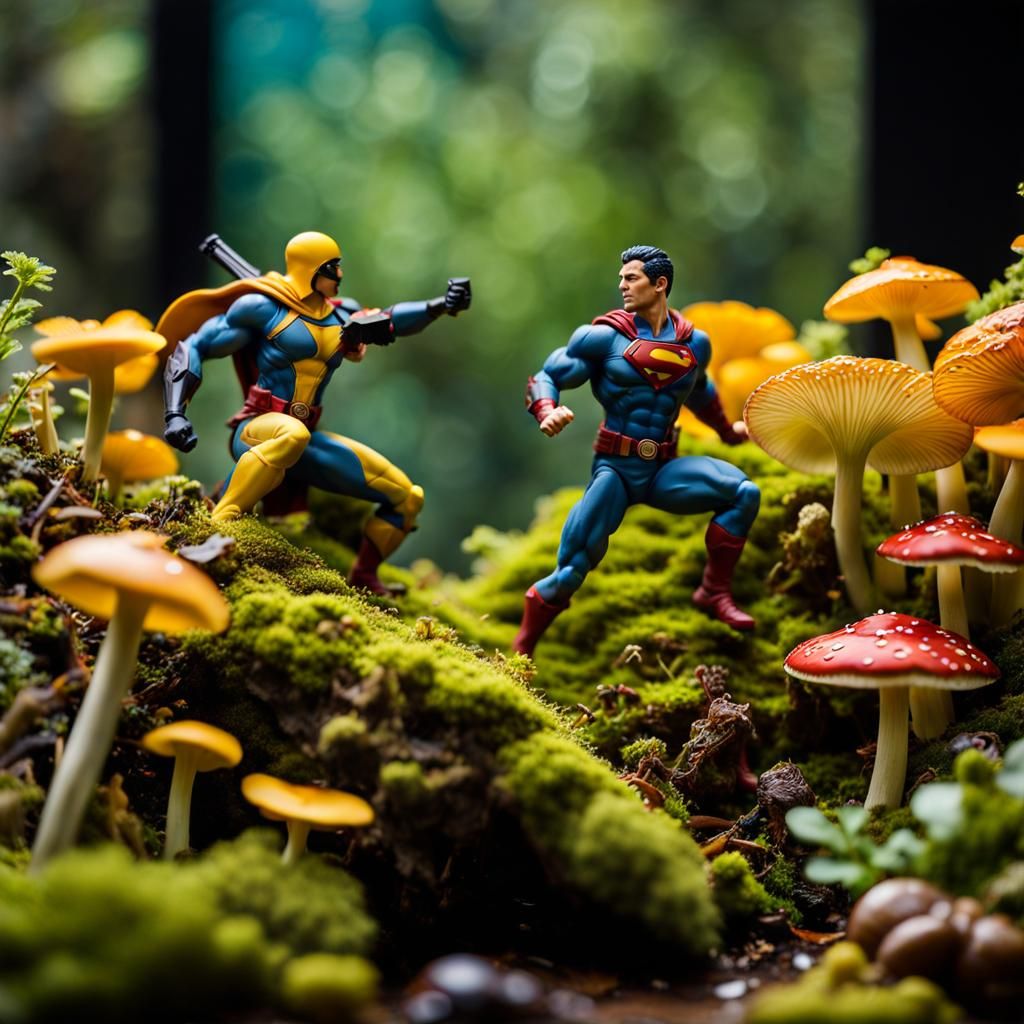 Superhero Action Figures Battle in a Fungi Garden