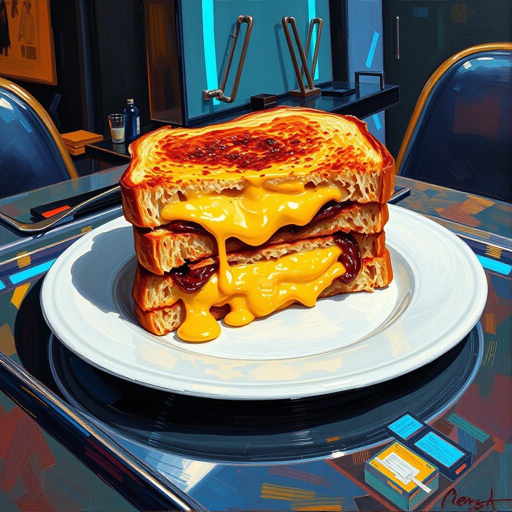 Vibrant Neo-Impressionist Cheese Toastie on Futuristic Table
