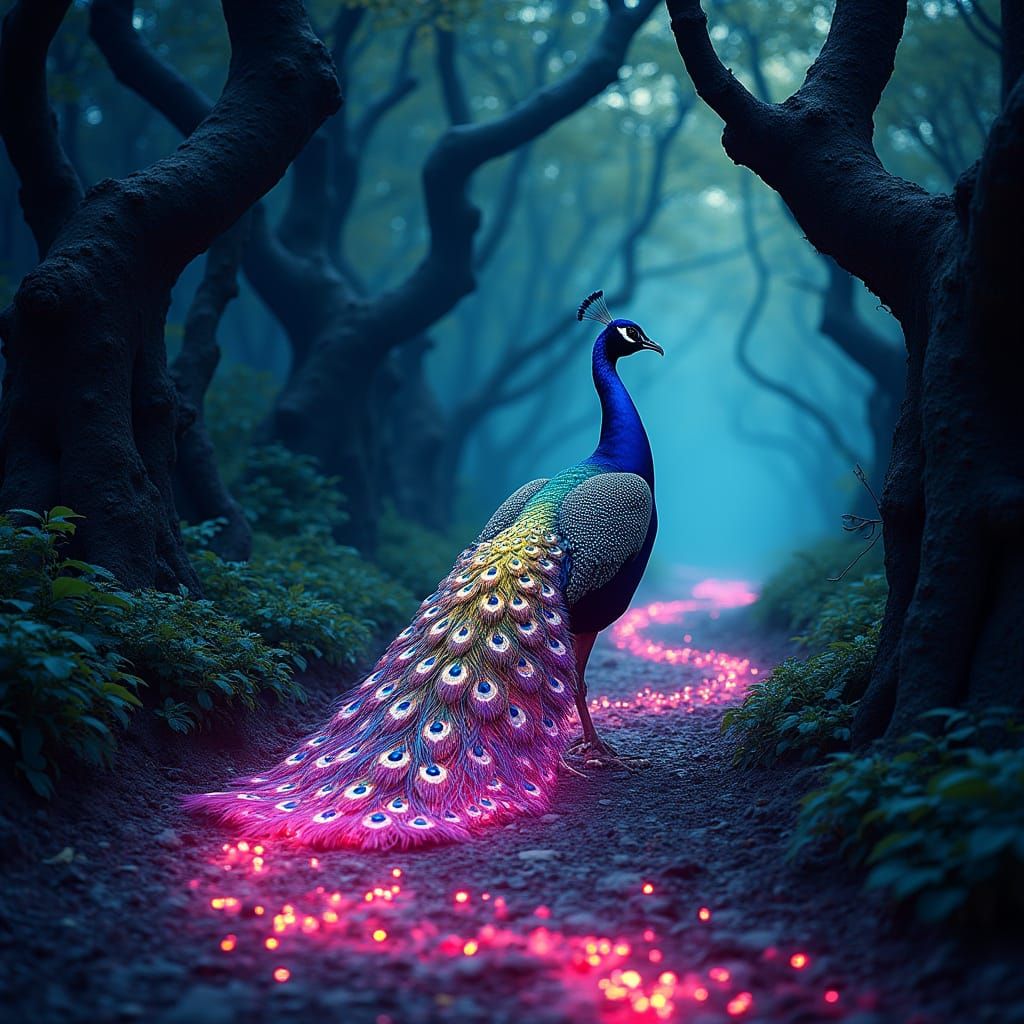 Majestic Peacock in Ethereal Art Nouveau Landscape