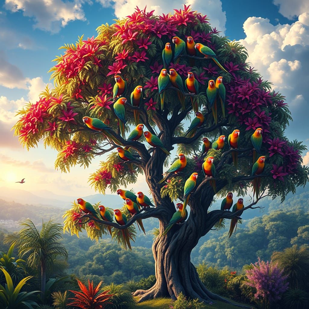 Vibrant Tree Paradise with Rainbow Parrots