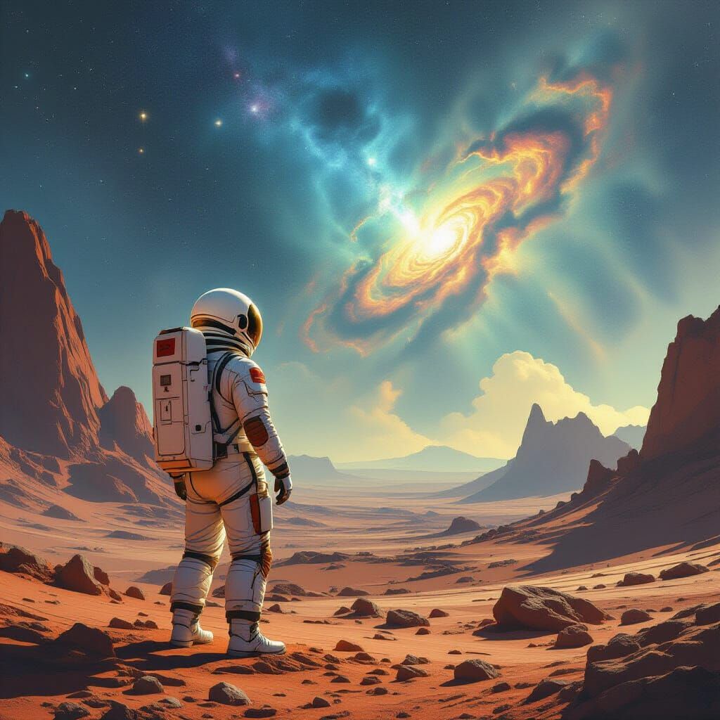 Astronaut Gazes at Nebula on Alien World