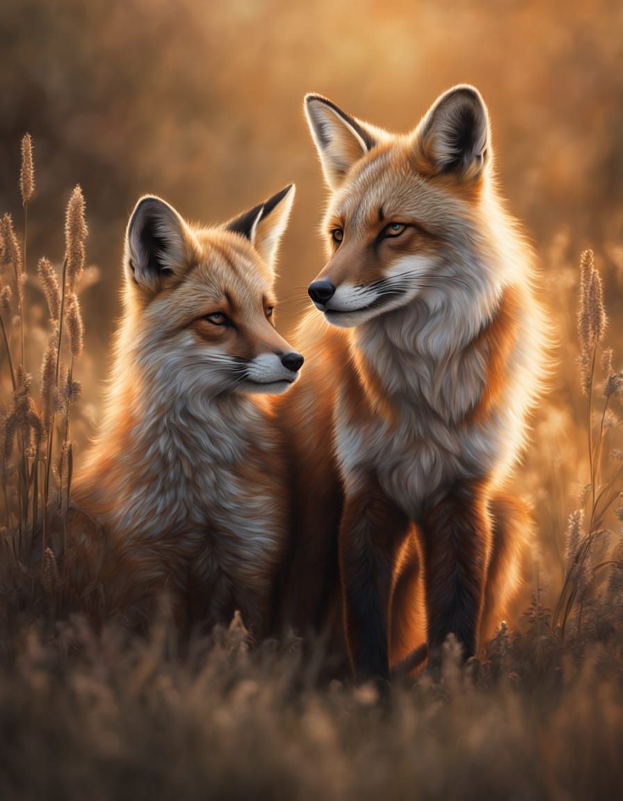 Surrealistic Oil Painting of a Loving Fox Family