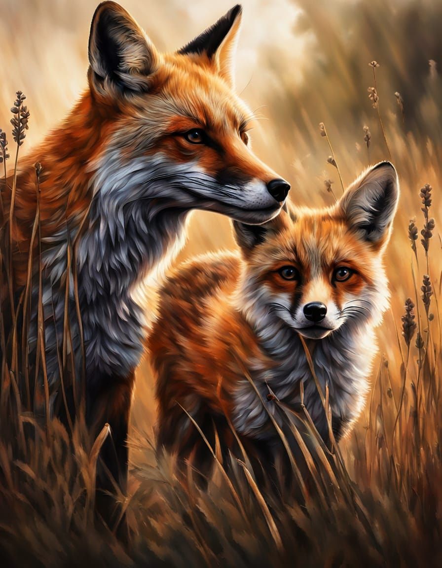 Warm Mammy Fox Hugs Her Cub in a Vibrant Meadow