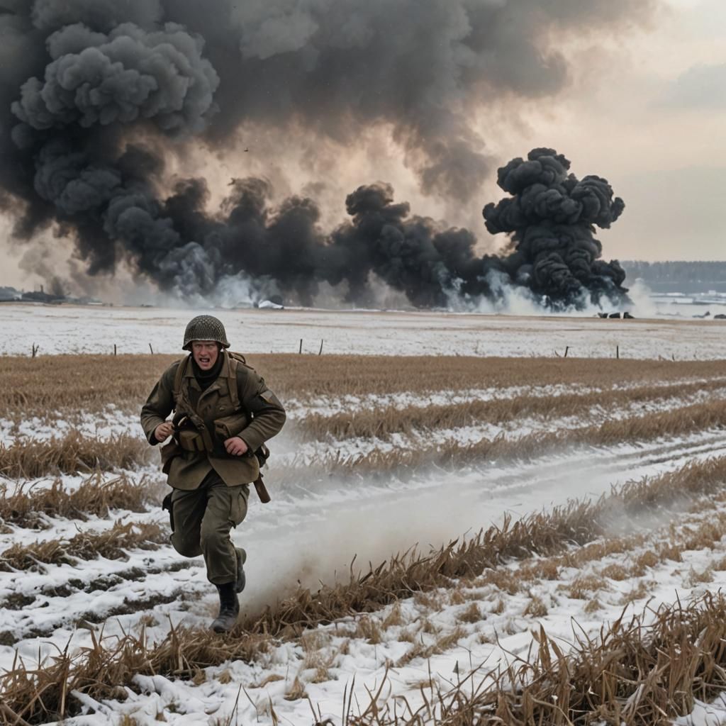 Panicked Soldier Flees Battlefield in Snowy Field