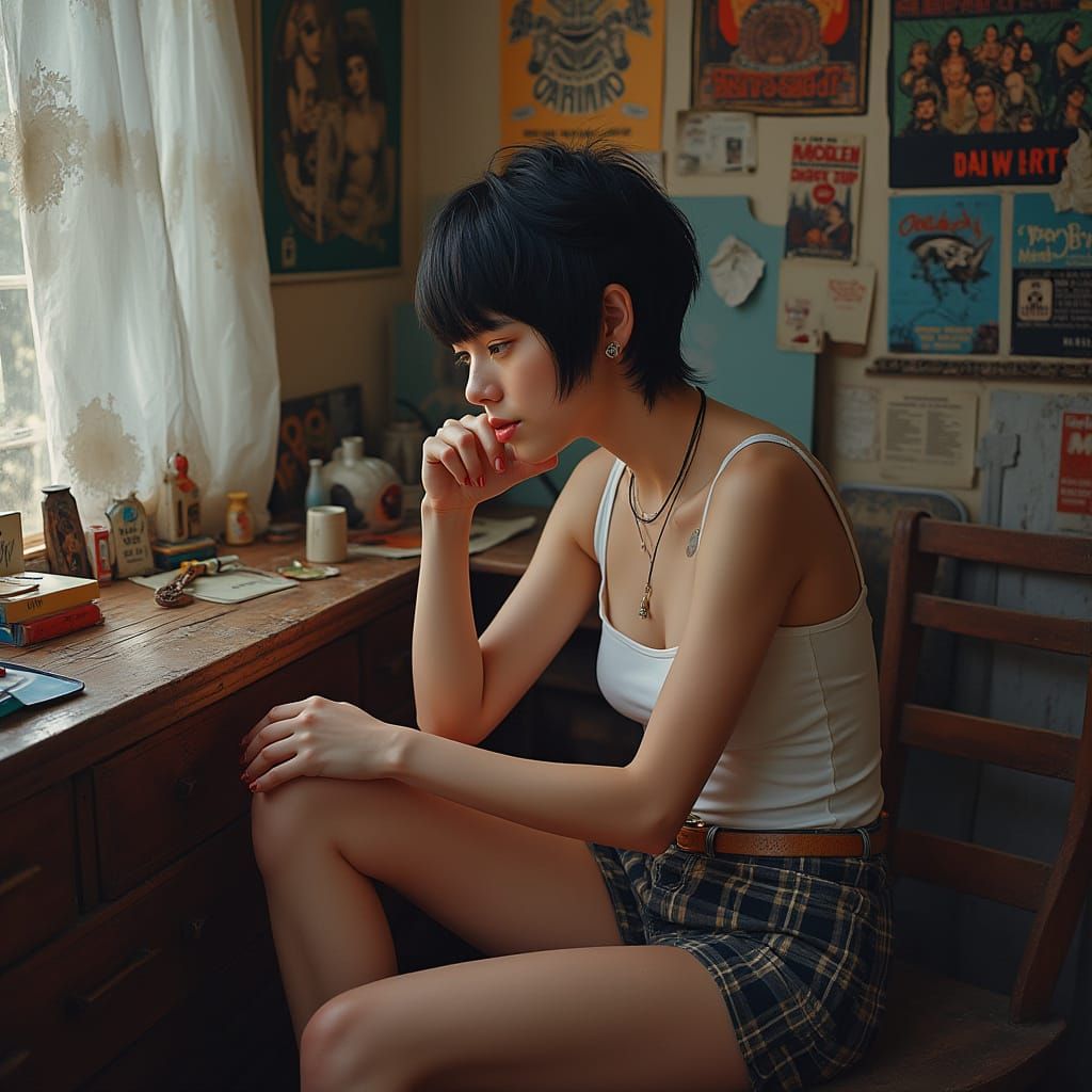 Hyperrealistic Portrait of a Punk Girl in Her Room