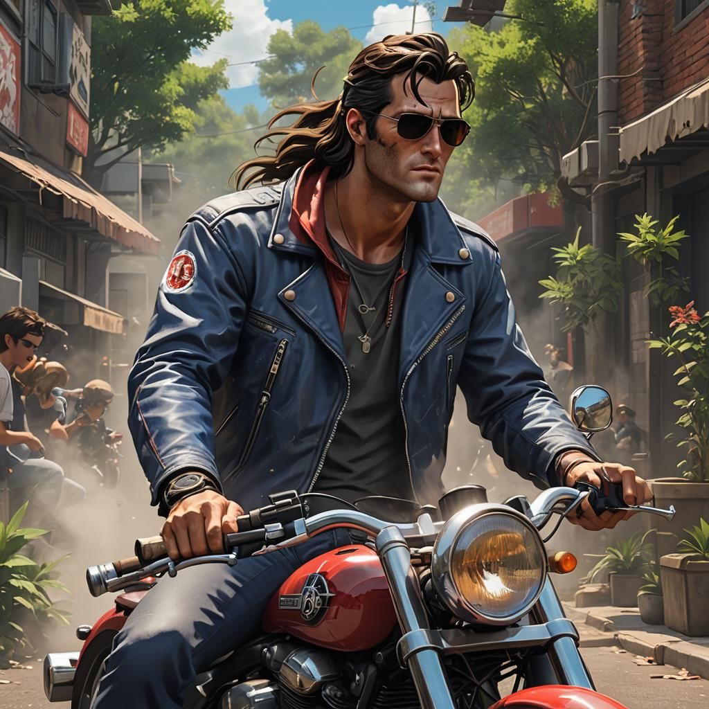 Anime Style Ash Williams Rides Motorcycle