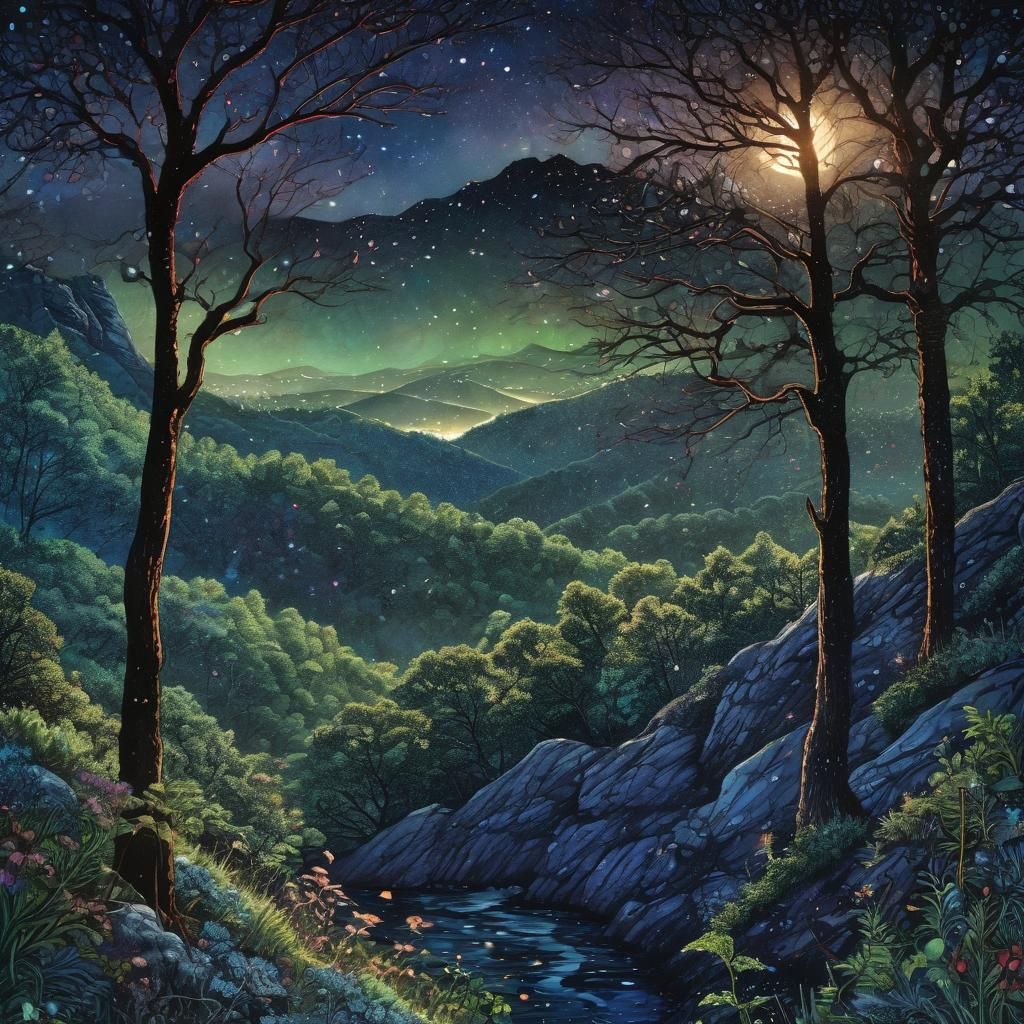 Bioluminescent Mountains in Pointillism Style