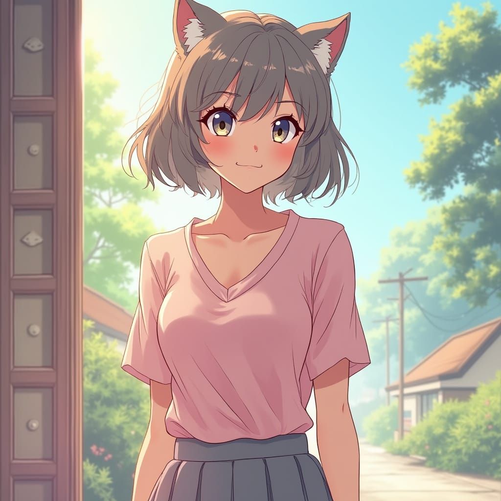 Pastel Dream Girl with Wolf Cut in Whimsical Anime Style