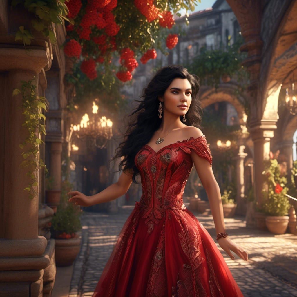 Voluptuous Italian Woman in Red Dress: Matte Painting