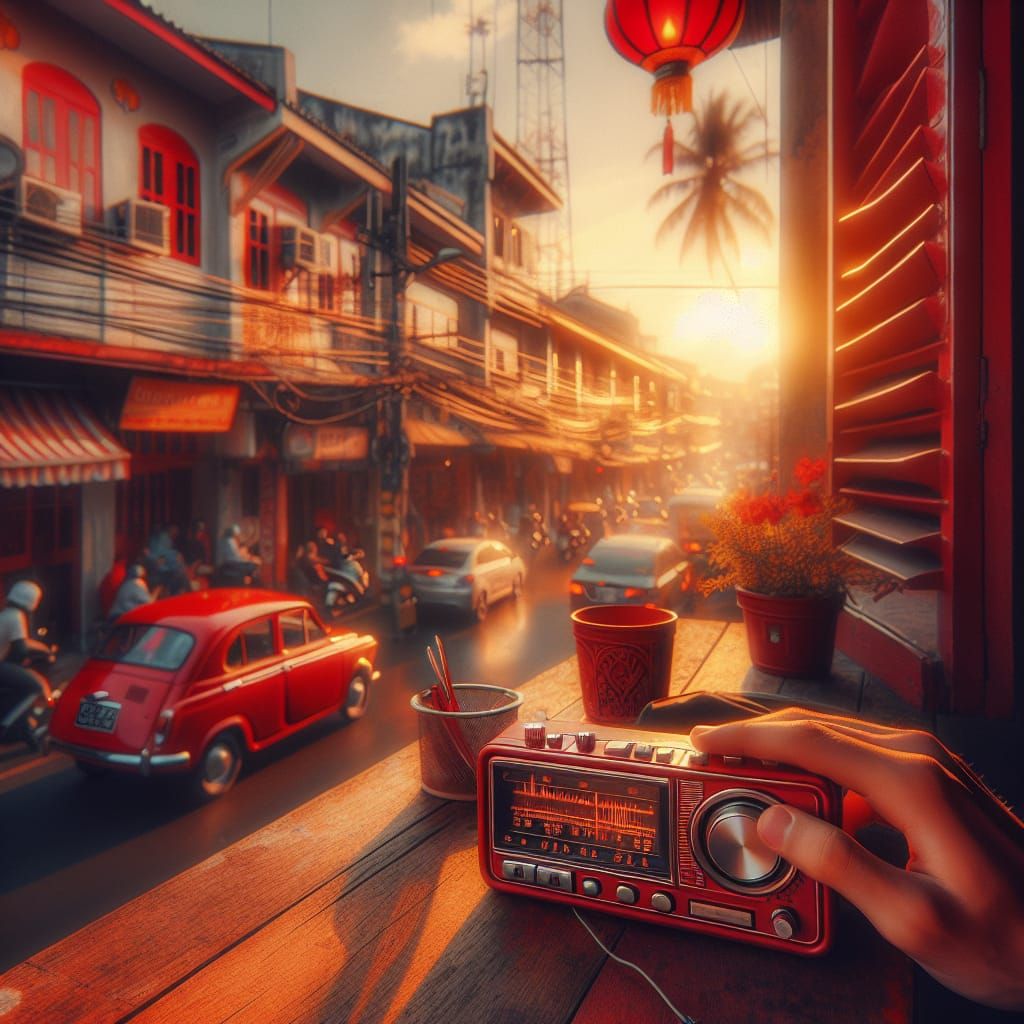 Red Hues: Sunny Saturday Morning with Transistor Radio