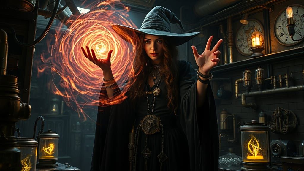 Steampunk Witch Conjures Energy in Hidden Lab