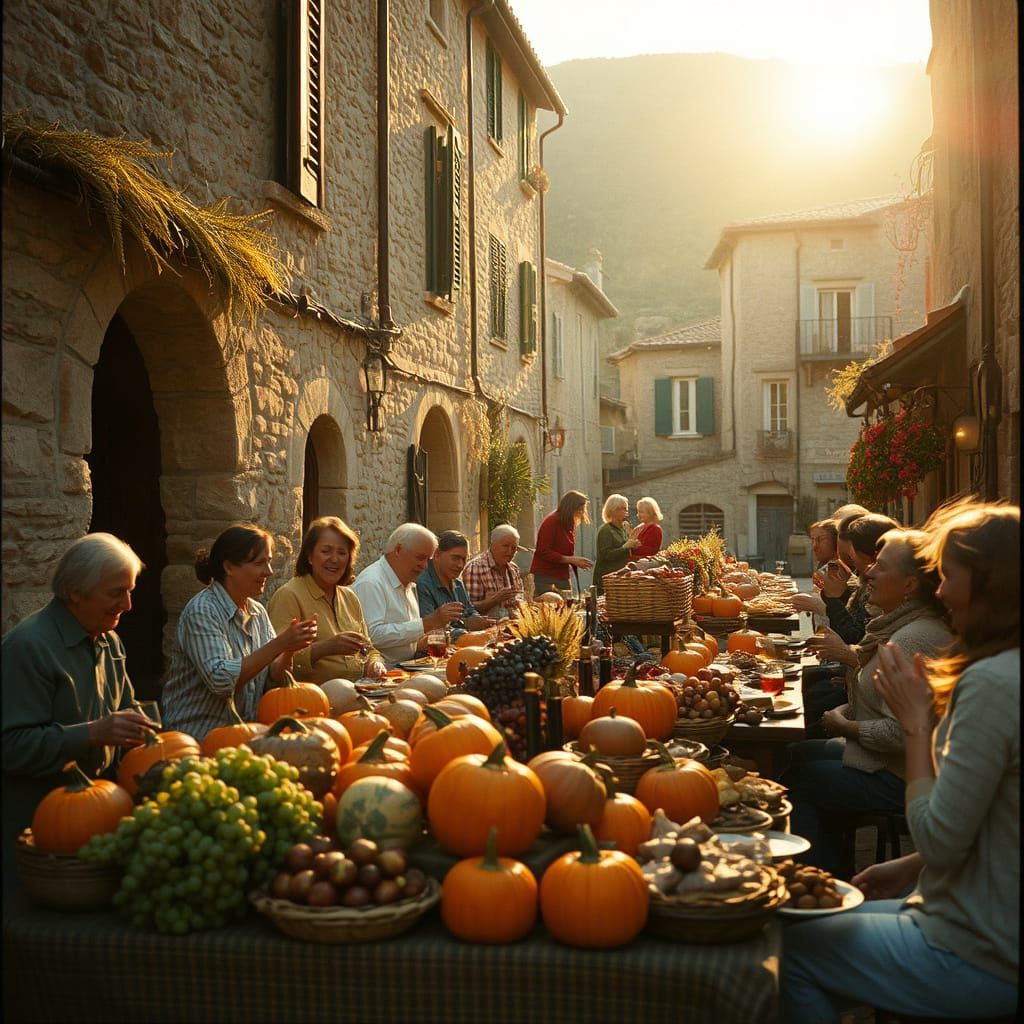 Autumn Harvest Celebration in Italian Village at Sunset
