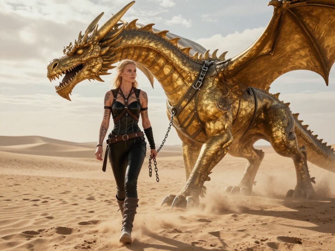 Viking Warrior and Dragon in Desert Wasteland