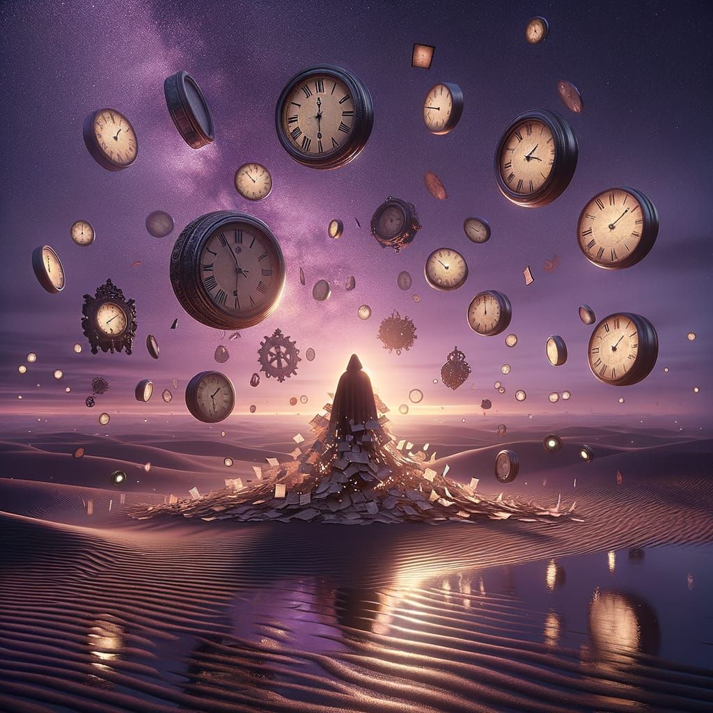 Surreal Desert of Floating Clocks and Parchment Figure