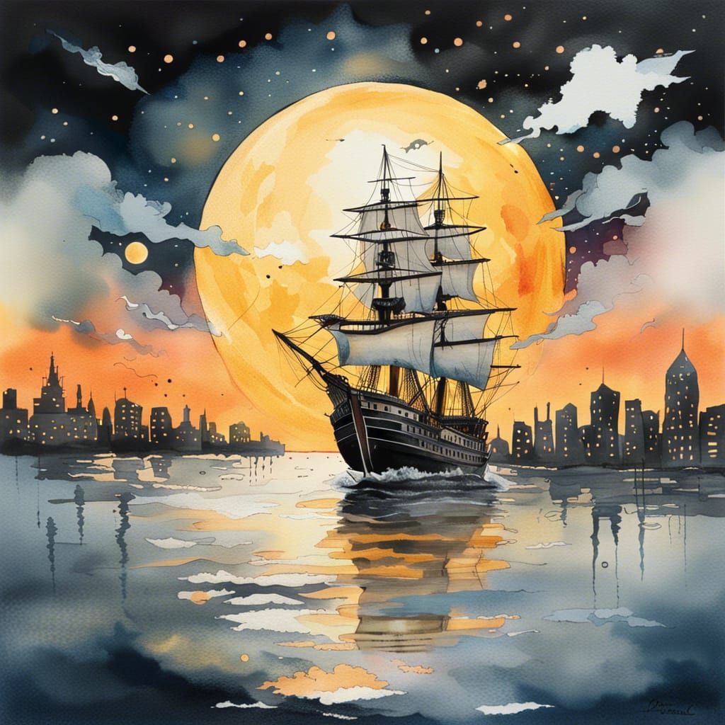 Ghost Ship Emerges from Moonlit Sky as Gouache Painting