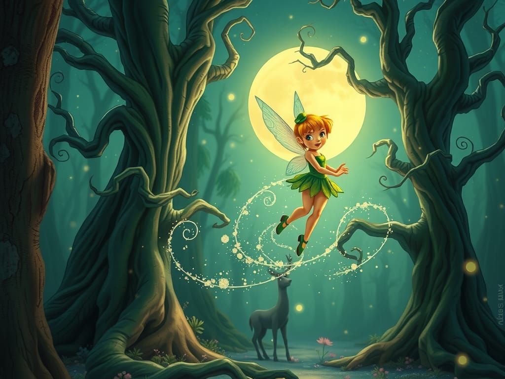Tinkerbell in Moonlit Forest with Fairy Dust