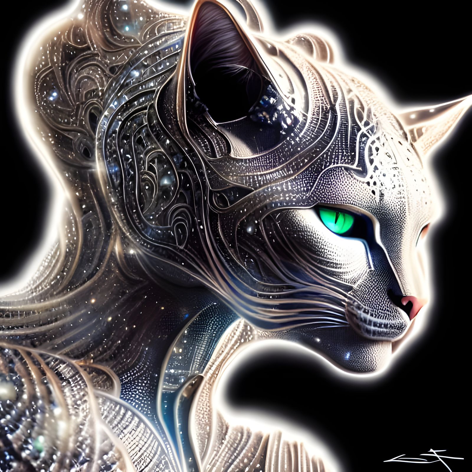 Armored Feline Warrior Portrait with Sapphire Inlays