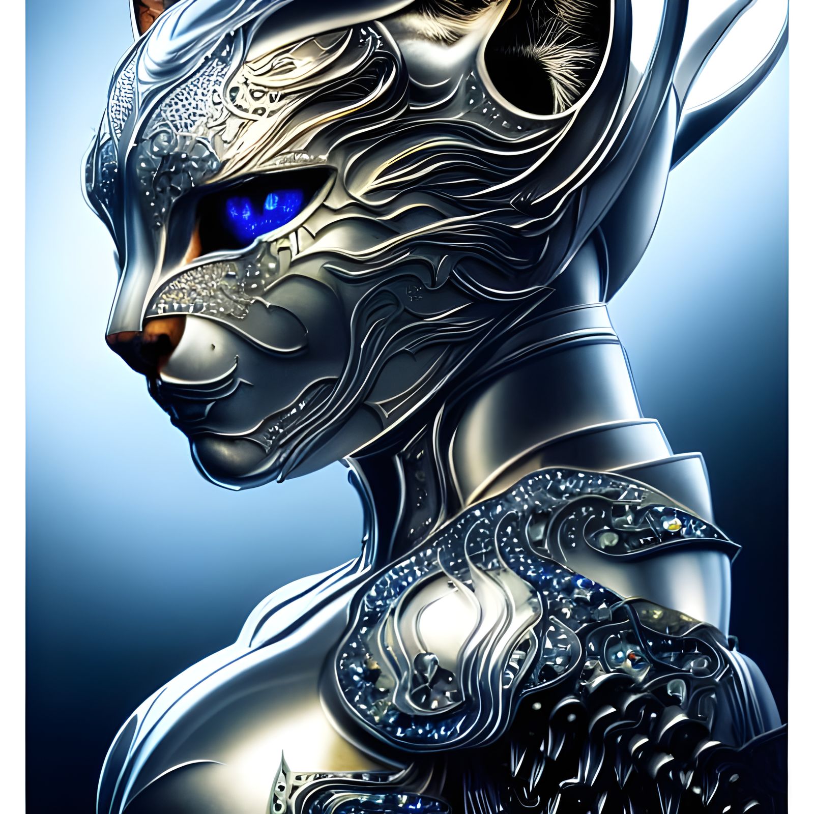 Armored Feline Warrior Portrait with Sapphire Inlays